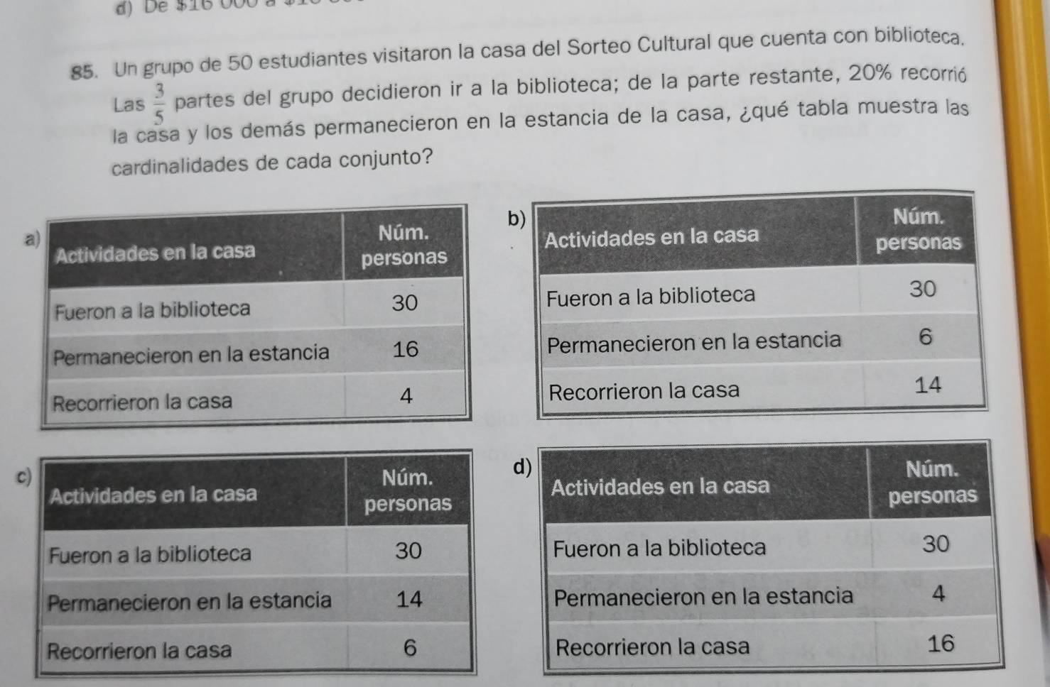 Dể $16 000
85. Un grupo de 50 estudiantes visitaron la casa del Sorteo Cultural que cuenta con biblioteca. 
Las  3/5  partes del grupo decidieron ir a la biblioteca; de la parte restante, 20% recorrió 
la casa y los demás permanecieron en la estancia de la casa, ¿qué tabla muestra las 
cardinalidades de cada conjunto?