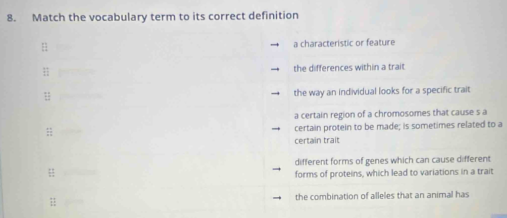 Match the vocabulary term to its correct definition
a characteristic or feature
the differences within a trait
the way an individual looks for a specific trait
a certain region of a chromosomes that cause s a
:
certain protein to be made; is sometimes related to a
certain trait
different forms of genes which can cause different
forms of proteins, which lead to variations in a trait
the combination of alleles that an animal has