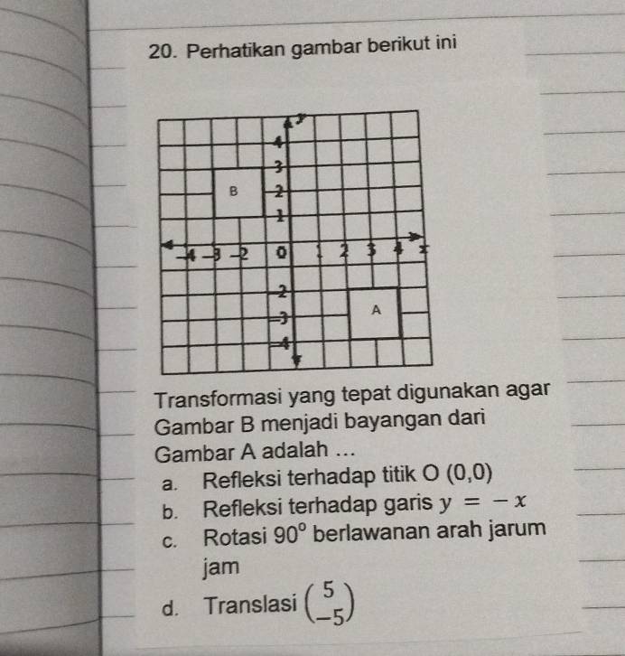 Perhatikan gambar berikut ini
4
3
B 2
1
-4 -3 -2 0 2 3 4 x
2
- A
4
Transformasi yang tepat digunakan agar
Gambar B menjadi bayangan dari
Gambar A adalah ...
a. Refleksi terhadap titik O(0,0)
b. Refleksi terhadap garis y=-x
c. Rotasi 90° berlawanan arah jarum
jam
d. Translasi beginpmatrix 5 -5endpmatrix