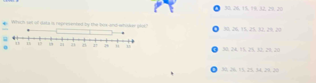 30, 26, 15, 19, 32, 29, 20
Which set of data is represented by the box-and-whisker plot?
③ 30, 26, 15, 25, 32, 29, 20
30, 24, 15, 25, 32, 29, 20
30, 26, 15, 25, 34, 29, 20