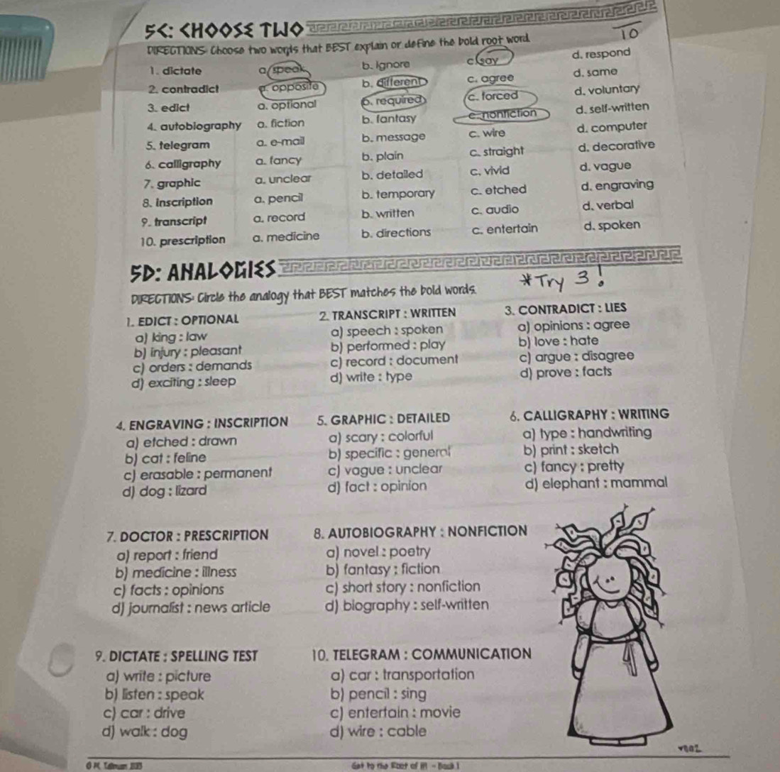 5C: ChOose TWO Re re re réfef fer r re ré rérre r rere éréreréréréré  
DIRECTIONS: Choose two words that BEST explain or define the bold root word
1. dictate a ped b. Ignore clsay d. respond
2. contradict opposife b. different c. agree d. same
3. edict a. optional 6. required c. forced d. voluntary
4. autobiography a. fiction b. fantasy e nonfiction d. self-written
5. telegram a. e-mail b. message c. wire d. computer
6. calligraphy a. fancy b. plain c. straight d. decorative
7. graphic a. unclear b. detailed c. vivid d. vague
8. inscription a. pencil b. temporary c. etched d. engraving
9. transcript a. record b. written c. audio d. verbal
10. prescription a. medicine b. directions c. entertain d. spoken
5D: Ahalogies erérefe rer réreréreférérereereree ere e éréreeére e  rre
DIRECTIONS: Circle the analogy that BEST matches the bold words.
1. EDICT : OPTIONAL 2. TRANSCRIPT : WRITTEN 3. CONTRADICT : LIES
a) king : law a) speech : spoken a) opinions : agree
b) injury : pleasant b) performed : play b) love : hate
c) orders : demands c) record : document c) argue : disagree
d) exciting : sleep d) write : type d) prove : facts
4. ENGRAVING ： INSCRIPTION 5. GRAPHIC : DETAILED 6. CALLIGRAPHY : WRITING
a) efched : drawn a) scary : colorful a) type : handwriting
b) cat : feline b) specific : gener b) print : sketch
c) erasable : permanent c) vague : unclear c) fancy : pretty
d) dog : lizard d) fact : opinion d) elephant : mammal
7. DOCTOR : PRESCRIPTION 8. AUTOBIOGRAPHY : NONFICTION
a) report : friend a) novel : poetry
b) medicine : illness b) fantasy ; fiction
c) facts : opinions c) short story : nonfiction
d) journalist : news article d) biography : self-written
9. DICTATE : SPELLING TEST 10. TELEGRAM : COMMUNICATION
a) write : picture a) car : transportation
b) listen : speak b) pencil : sing
c) car : drive c) entertain : movie
d) walk : dog d) wire : cable
Get to the Root of i - Back I