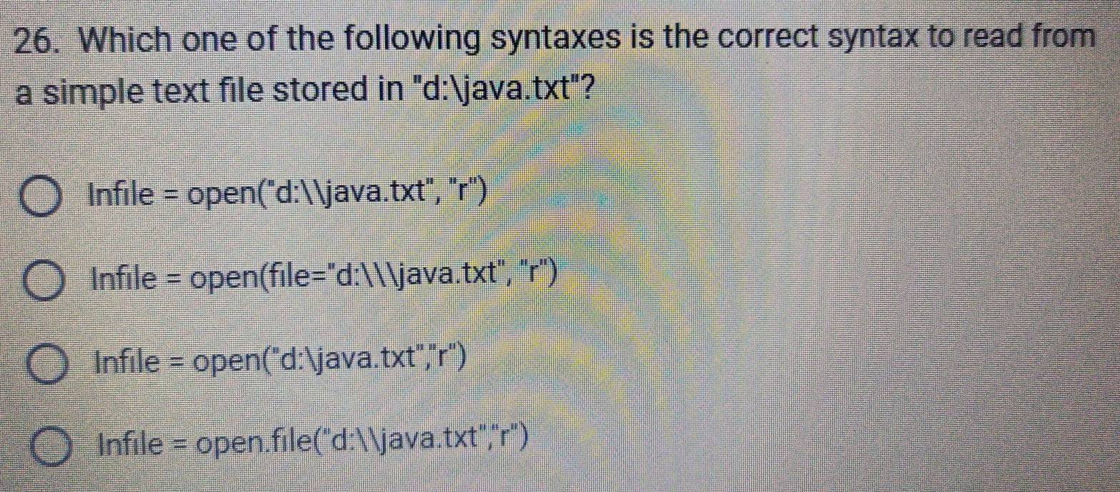 Solved: Which one of the following syntaxes is the correct syntax to ...