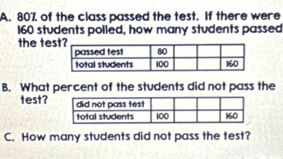 80% of the class passed the test. If there were
160 students polled, how many students passed 
the tes 
B. What percent of the students did not pass the 
test? 
C. How many students did not pass the test?