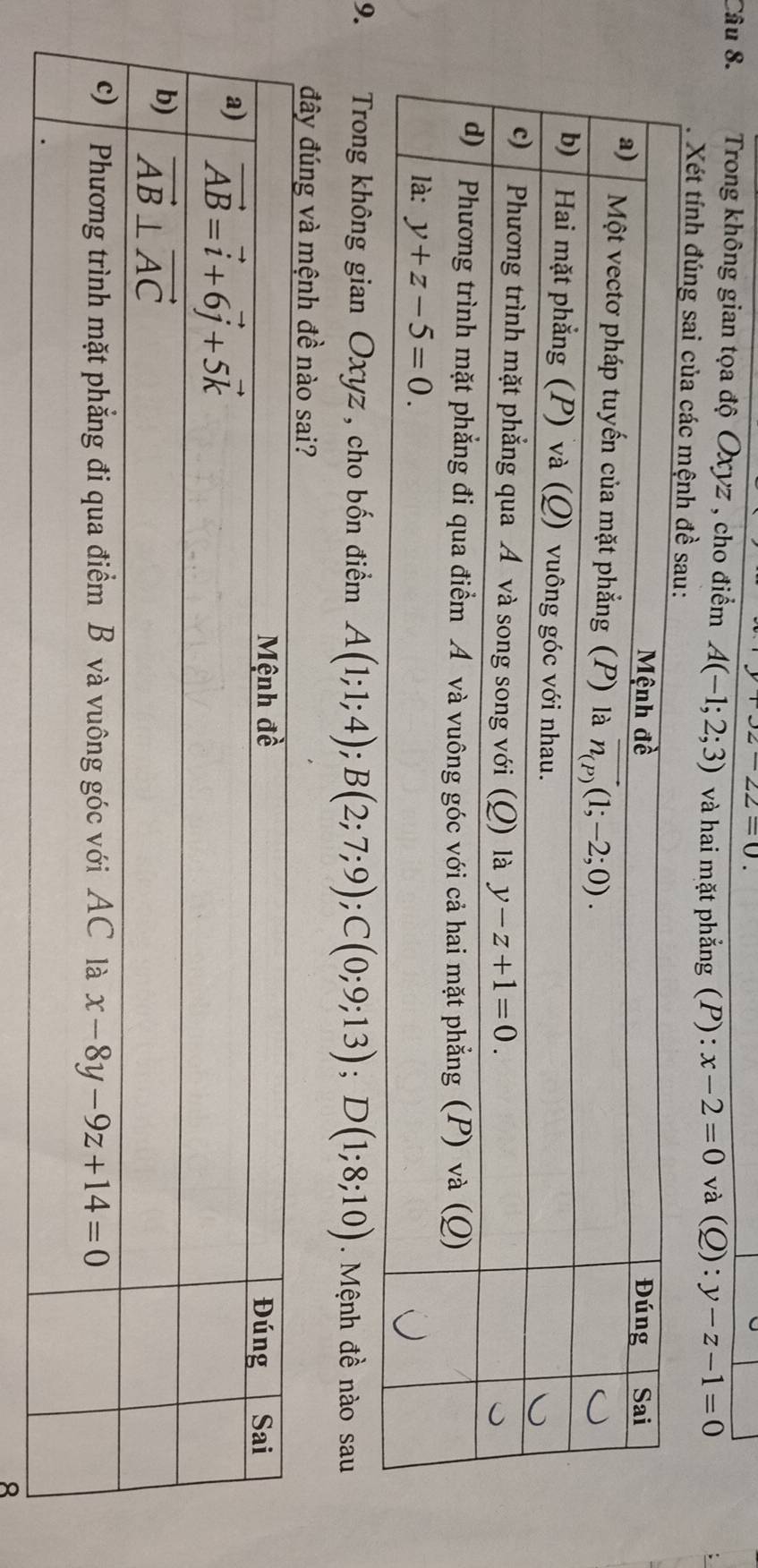 3z-22=0.
Câu 8. Trong không gian tọa độ Oxyz , cho điểm A(-1;2;3) và hai mặt phẳng (P): x-2=0 và (Q):y-z-1=0
Xét tính đúng sai củ
9.  Trong không gian Oxyz , cho bốn điểm A(1;1;4);B(2;7;9);C(0;9;13);D(1;8;10). Mệnh đề nào sau
đây
8