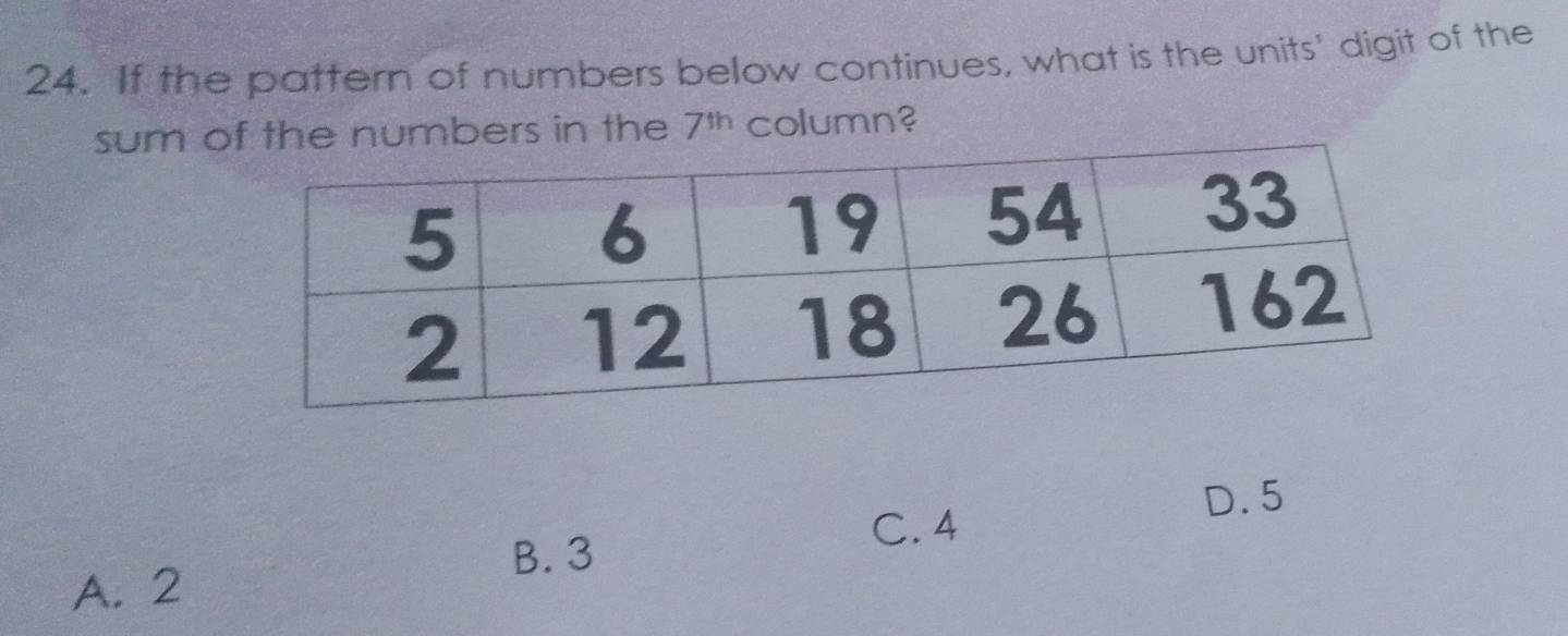 If the pattern of numbers below continues, what is the units' digit of the
sum of the numbers in the 7^(th) column?
D. 5
C. 4
B. 3
A. 2