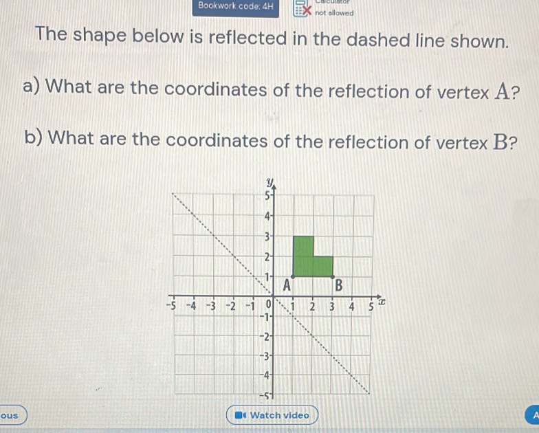 Bookwork code: 4H not allowed 
The shape below is reflected in the dashed line shown. 
a) What are the coordinates of the reflection of vertex A? 
b) What are the coordinates of the reflection of vertex B? 
ous # Watch video