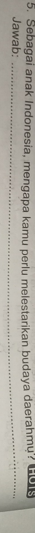 Sebagai anak Indonesia, mengapa kamu perlu melestarikan budaya daerahmu'? 
Jawab:_ 
_