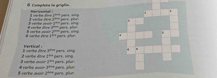 Completa la griglia. 
Horizontal : 
2 2
1 verbe être 2^(dme) pers. sing. 
2 verbe être 2^(derline) pers. plur. 
3 
3 verbe avoir 1èr pers. sing. 
4 verbe être 3ème pers. plur. 
5 verbe avoir 2^(dme) pers. sing. 5 
6 verbe être 1^(ere) pers. plur. 4 
Vertical : 
1 verbe être 3^(dme) pers. sing. 
6 4
2 verbe être 1^(ere) pers. sing. 
3 verbe avoir 1^(ere) pers. plur. 
4 verbe avoir 3^(dme) pers. plur. 
5 verbe avoir 2^(dme) pers. plur.