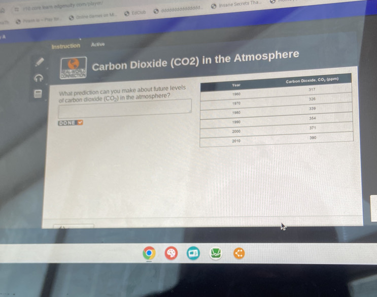 # 10 core learn edgenulty.com/player/ 
Insane Secrets Tha.. 
Peih ks - Ptay fou. Online Games on Mi . EdClub dddddddoddddddd 
A 
Instruction Active 
Carbon Dioxide (CO2) in the Atmosphere 
CONNEGTO 
What prediction can you make about future levels 
of carbon dioxide (CO_2) in the atmosphere? 
DONE