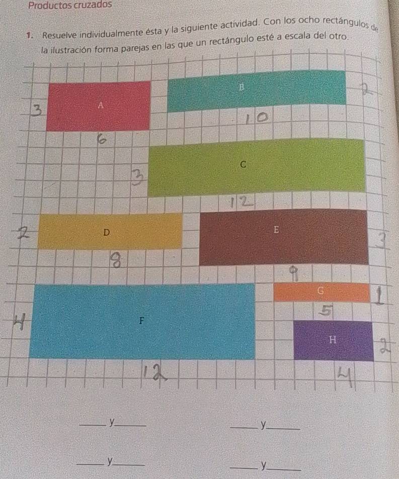 Productos cruzados 
1. Resuelve individualmente ésta y la siguiente actividad. Con los ocho rectángulos de 
la ilustración forma parejas en las que un rectángulo esté a escala del otro. 
H 
__y 
__y 
__ 
__y