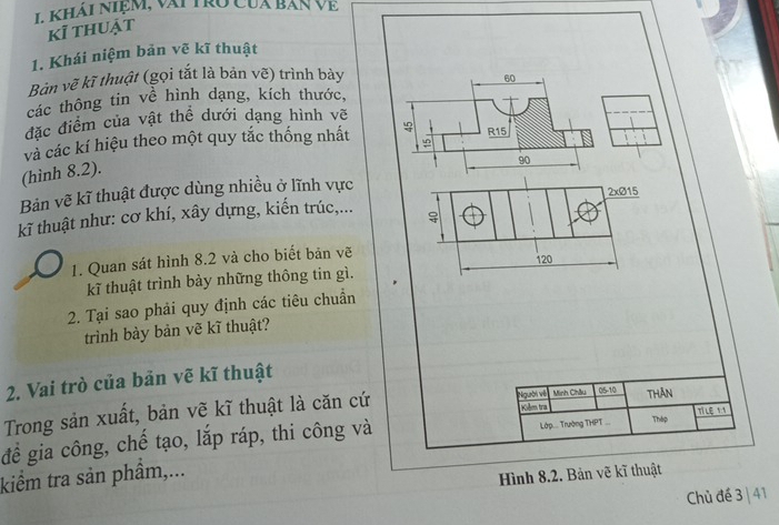 khải niệm, vài tro Của bản Về 
kỉ thuật 
1. Khái niệm bản vẽ kĩ thuật 
Bản vẽ kĩ thuật (gọi tắt là bản vẽ) trình bày
60
các thông tin về hình dạng, kích thước, 
đặc điểm của vật thể dưới dạng hình vẽ 
và các kí hiệu theo một quy tắc thống nhất 
(hình 8.2). R15
90
Bản vẽ kĩ thuật được dùng nhiều ở lĩnh vực 
kĩ thuật như: cơ khí, xây dựng, kiến trúc,... 
1. Quan sát hình 8.2 và cho biết bản vẽ 
kĩ thuật trình bày những thông tin gì. 
2. Tại sao phải quy định các tiêu chuẩn 
trình bày bản vẽ kĩ thuật? 
2. Vai trò của bản vẽ kĩ thuật 
Trong sản xuất, bản vẽ kĩ thuật là căn cứ Người vềi Kiểm tra Minh Châu 05-10 Thân 
để gia công, chế tạo, lắp ráp, thi công và Lớp... Trường THPT ... Tháp T LE 1 
kiểm tra sản phẩm,... 
Hình 8.2. Bản vẽ kĩ thuật 
Chủ đề 3 | 41