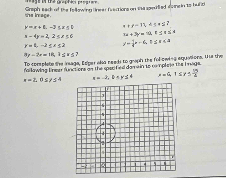 image in the graphics program. 
Graph each of the following linear functions on the specified domain to build 
the image.
y=x+6, -3≤ x≤ 0
x+y=11, 4≤ x≤ 7
x-4y=2, 2≤ x≤ 6
3x+3y=18, 0≤ x≤ 3
y=0, -2≤ x≤ 2
y= 1/4 x+6, 0≤ x≤ 4
8y-2x=18, 3≤ x≤ 7
To complete the image, Edgar also needs to graph the following equations. Use the 
following linear functions on the specified domain to complete the image.
x=2, 0≤ y≤ 4 x=-2, 0≤ y≤ 4 x=6, 1≤ y≤  15/4 