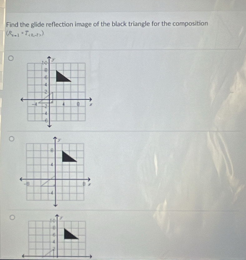 Find the glide reflection image of the black triangle for the composition
(R_x=1circ T_<0,-7>)