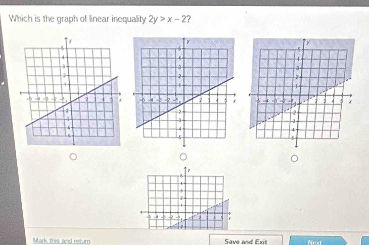 Which is the graph of linear inequality 2y>x-2 2 
`` y
6
4
3
2
4
-6 -4 -1 -2 2 A 4
2
Mark this and retum Save and Exit Next