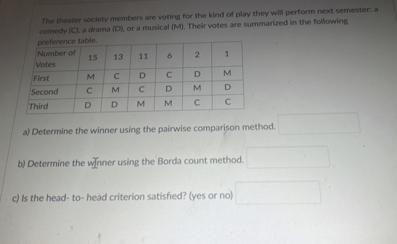 The theater society members are voting for the kind of play they will perform next semester: a 
comedy (C), a drama (D), or a musical (M). Their votes are summarized in the following 
a) Determine the winner using the pairwise comparison method. □ 
b) Determine the w[nner using the Borda count method. □ 
c) Is the head- to- head criterion satisfed? (yes or no) □