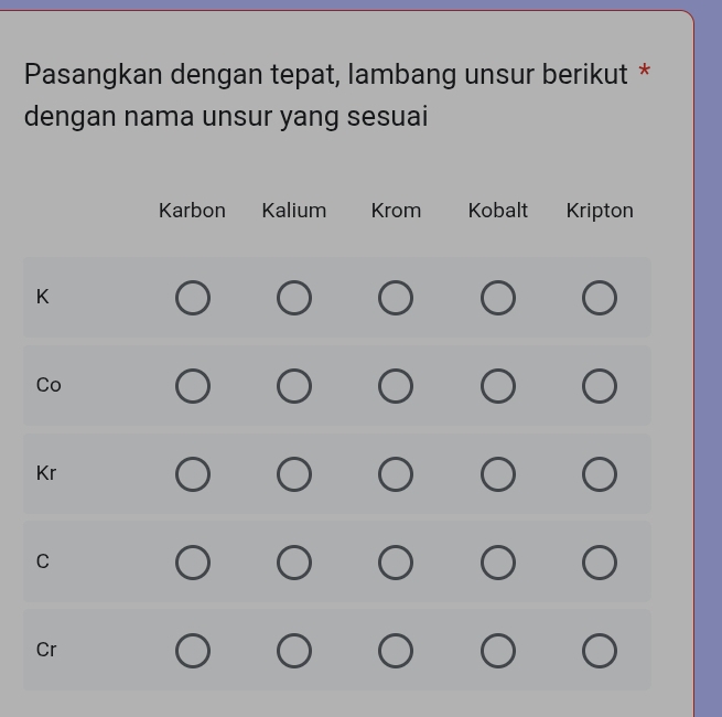 Pasangkan dengan tepat, lambang unsur berikut * 
dengan nama unsur yang sesuai