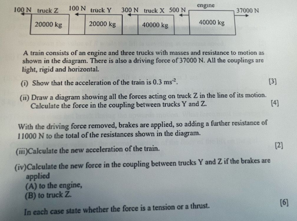 100 N engine 
A train consists of an engine and three trucks with masses and resistance to motion as 
shown in the diagram. There is also a driving force of 37000 N. All the couplings are 
light, rigid and horizontal. 
(i) Show that the acceleration of the train is 0.3ms^(-2). [3] 
(ii) Draw a diagram showing all the forces acting on truck Z in the line of its motion. 
Calculate the force in the coupling between trucks Y and Z. [4] 
With the driving force removed, brakes are applied, so adding a further resistance of
11000 N to the total of the resistances shown in the diagram. 
(iii)Calculate the new acceleration of the train. 
[2] 
(iv)Calculate the new force in the coupling between trucks Y and Z if the brakes are 
applied 
(A) to the engine, 
(B) to truck Z. 
In each case state whether the force is a tension or a thrust. [6]