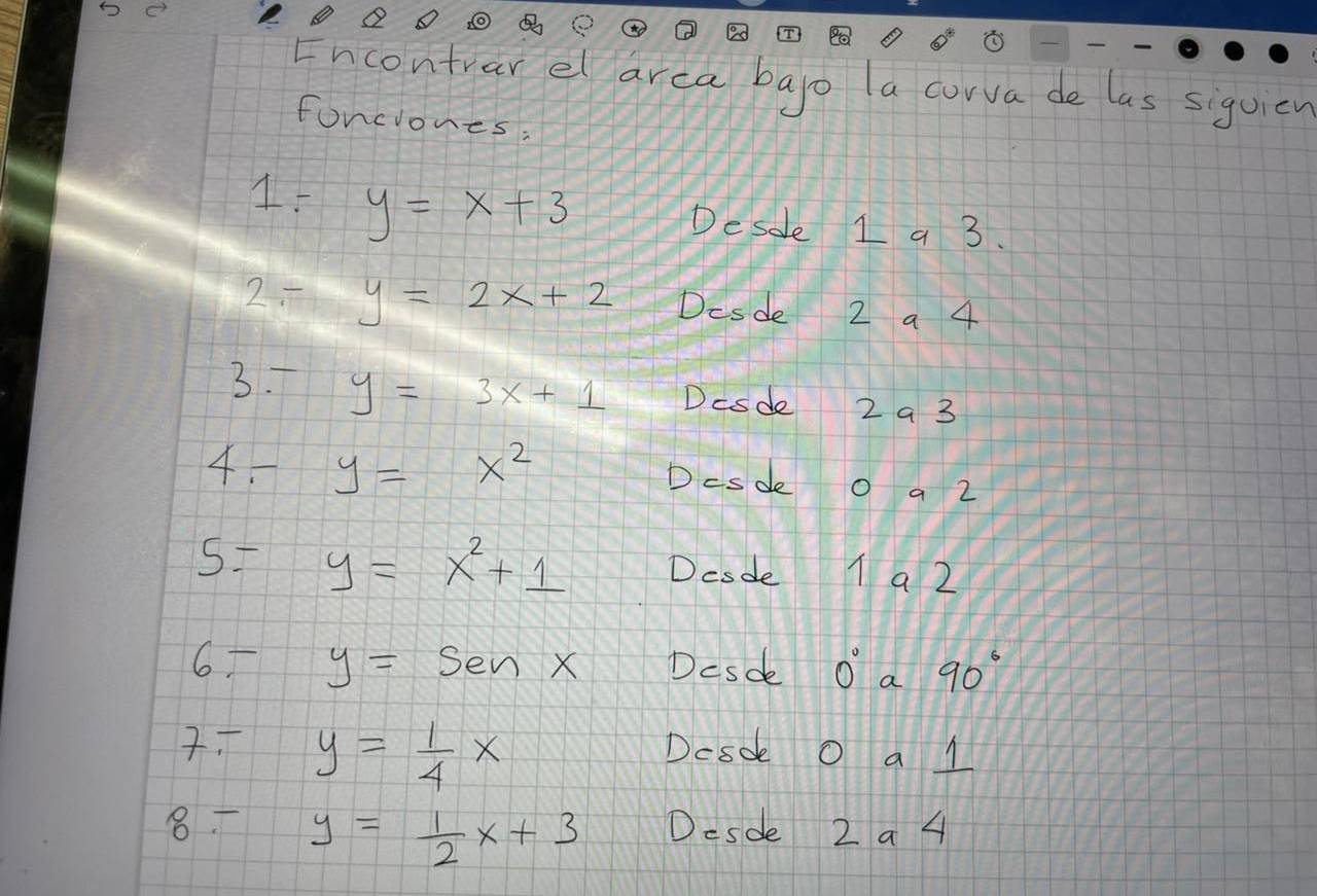 Encontrarel arca bago la corva de las siguicy 
fonciones: 
15 y=x+3
Desoe 1 a 3. 
2- y=2x+2 Desde 2 a 4
3. y=3x+1 Dcsde 2 a 3
4. y=x^2 Desde o a 2
y=x^2+1 Desde 1 a 2
65 y=sen x Dcsde 0° a 90°
y= 1/4 x
Desoe O a 1
8. y= 1/2 x+3 Desde 2 a 4