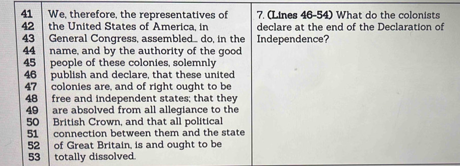 We, therefore, the representatives of 7. (Lines 46-54) What do the colonists 
42 the United States of America, in declare at the end of the Declaration of 
43 General Congress, assembled... do, in the Independence? 
44 name, and by the authority of the good
45 people of these colonies, solemnly
46 publish and declare, that these united
47 colonies are, and of right ought to be
48 free and independent states; that they
49 are absolved from all allegiance to the
50 British Crown, and that all political
51 connection between them and the state
52 of Great Britain, is and ought to be
53 totally dissolved.