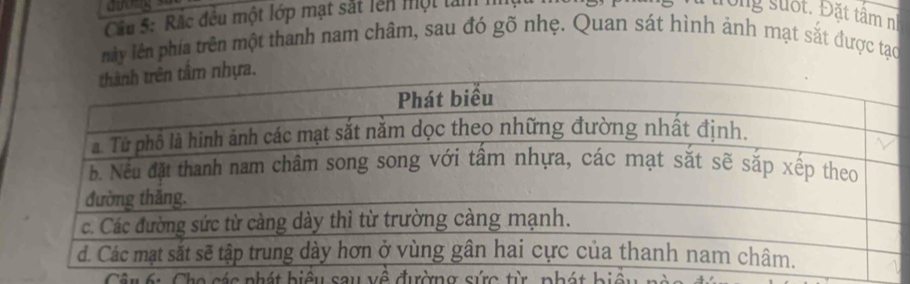 Rắc đều một lớp mạt sắt lên một tàm 
Tong suốt. Đặt tâm n 
này lên phía trên một thanh nam châm, sau đó gõ nhẹ. Quan sát hình ảnh mạt sắt được tạo 
hựa. 
p h át biệu sau về đường sức t ừ