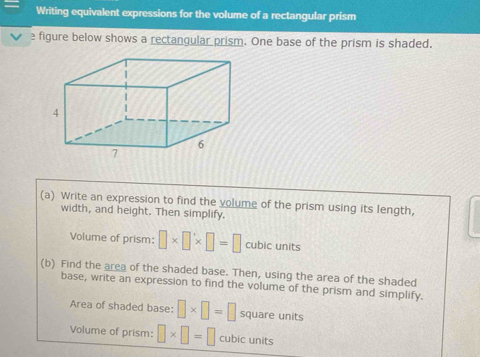 Solved: Writing equivalent expressions for the volume of a rectangular ...