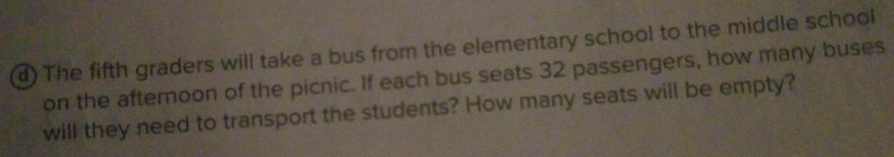 The fifth graders will take a bus from the elementary school to the middle school 
on the afternoon of the picnic. If each bus seats 32 passengers, how many buses 
will they need to transport the students? How many seats will be empty?