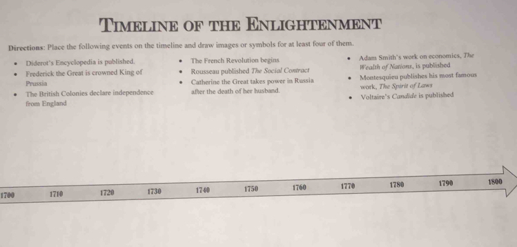 Timeline of the Enlightenment 
Directions: Place the following events on the timeline and draw images or symbols for at least four of them. 
Diderot's Encyclopedia is published. The French Revolution begins Adam Smith’s work on economics, The 
Frederick the Great is crowned King of Rousseau published The Social Contract Wealth of Nations, is published 
Prussia Catherine the Great takes power in Russia Montesquieu publishes his most famous 
The British Colonies declare independence after the death of her husband. work, The Spirit of Laws 
from England Voltaire's Candide is published
1700 1710 1720 1730 1740 1750 1760 1770 1780 1790 1800