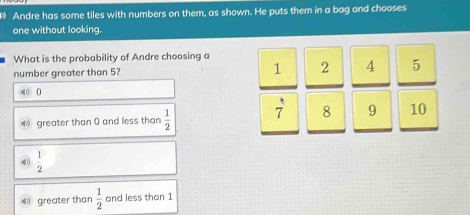 Andre has some tiles with numbers on them, as shown. He puts them in a bag and chooses
one without looking.
What is the probability of Andre choosing a
number greater than 5? 1 2 4 5
0
、
《》 greater than 0 and less than  1/2 
7 8 9 10
 1/2 
greater than  1/2  and less than 1