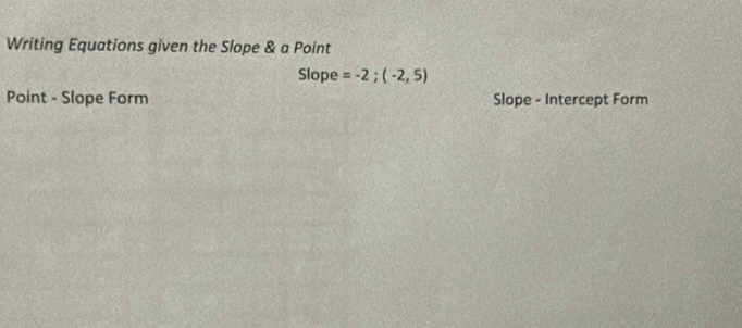 Writing Equations given the Slope & a Point 
Slope =-2;(-2,5)
Point - Slope Form Slope - Intercept Form