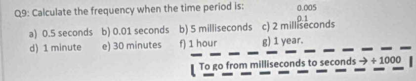 Calculate the frequency when the time period is: 0.005
0.1
a) 0.5 seconds b) 0.01 seconds b) 5 milliseconds c) 2 milliseconds
d) 1 minute e) 30 minutes f) 1 hour g) 1 year. 
To go from milliseconds to seconds