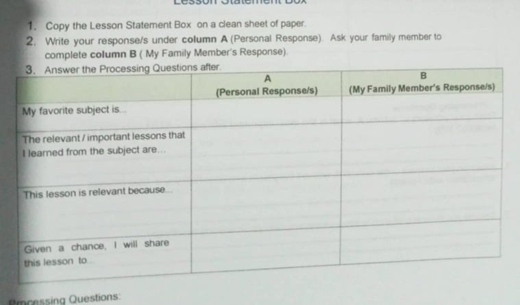 Léosón Olalemen 
1, Copy the Lesson Statement Box on a clean sheet of paper. 
2. Write your response/s under column A (Personal Response). Ask your family member to 
complete column B ( My Family Member's Response). 
Pcessing Questions: