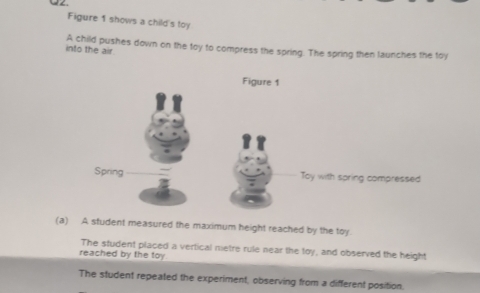 Figure 1 shows a child's toy 
into the air. A child pushes down on the toy to compress the spring. The spring then launches the toy 
Figure 1 
Spring Toy with spring compressed 
(a) A student measured the maximum height reached by the toy. 
The student placed a vertical metre rule near the toy, and observed the height 
reached by the toy 
The student repeated the experiment, observing from a different position.