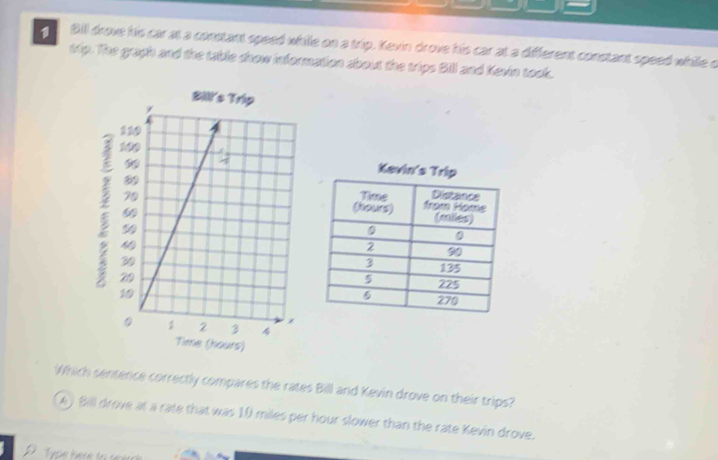 Bill drove his car at a constant speed while on a trip. Kevin drove his car at a different constant speed while o
tip. The graph and the table show information about the trips Bill and Kevin took.
Bill
Kevin'
Time (hours)
Which sentence correctly compares the rates Bill and Kevin drove on their trips?
A ) Bill drove at a rate that was 10 miles per hour slower than the rate Kevin drove.