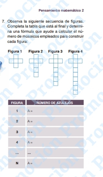 Pensamiento matemático 2
7. Observa la siguiente secuencia de figuras.
Completa la tabla que está al final y determi-
na una fórmula que ayude a calcular el nú-
mero de mosaicos empleados para construir
cada figura: