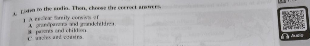 Listen to the audio. Then, choose the correct answers.
1 A nuclear family consists of
A grandparents and grandchildren.
B parents and children.
C uncles and cousins.
Audio