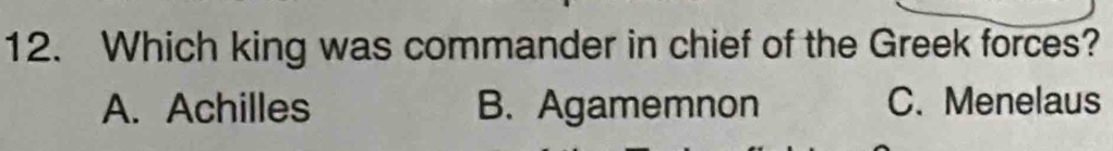 Which king was commander in chief of the Greek forces?
A. Achilles B. Agamemnon C. Menelaus