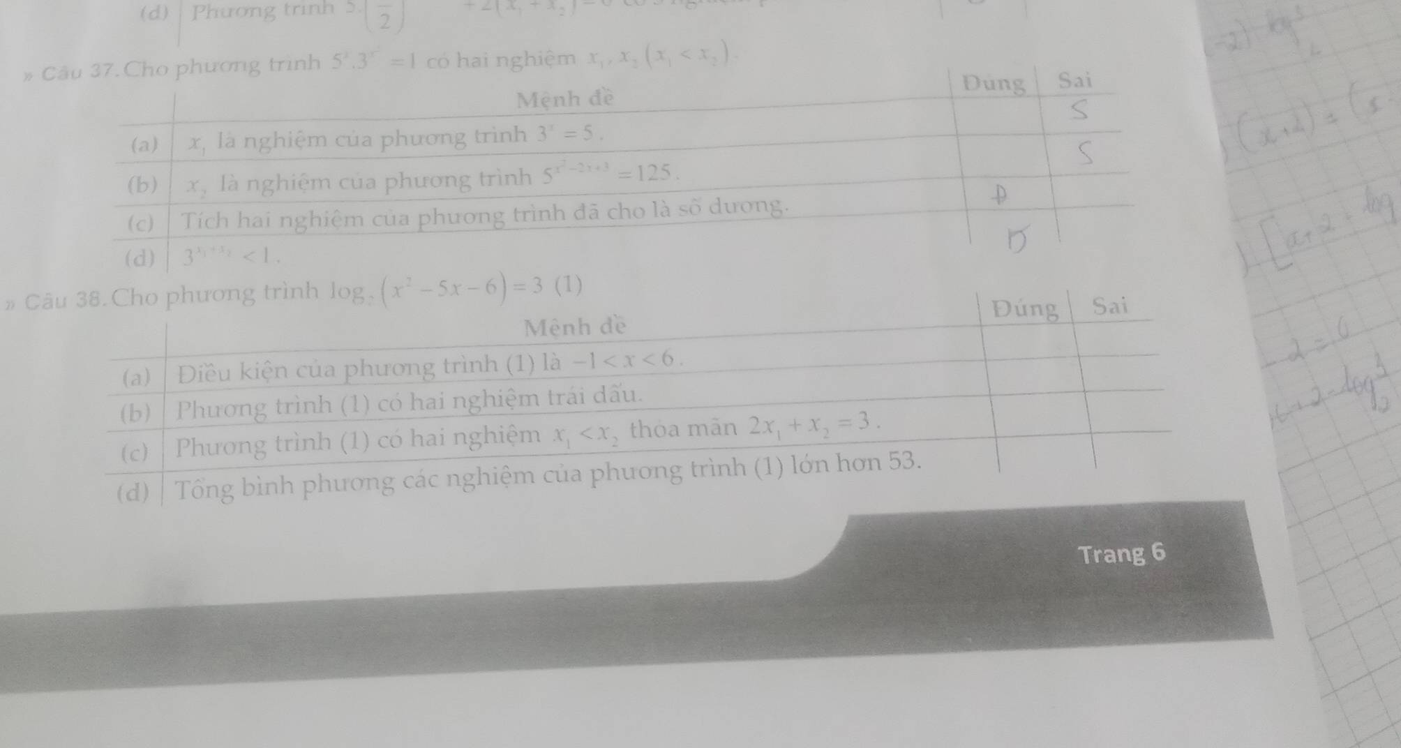 Phương trinh 5· (frac 2) +2(x_1+x_2)-
*o phương trình 5^x.3^(x^2)=1 có hai nghiệm x_1,x_2(x_1
# log _2(x^2-5x-6)=3(1)
Trang 6