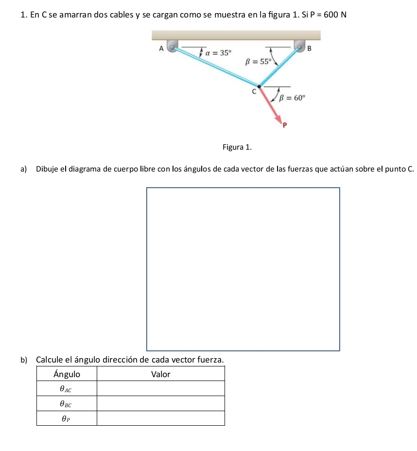 En C se amarran dos cables y se cargan como se muestra en la figura 1. Si P=600N
Figura 1.
a) Dibuje el diagrama de cuerpo libre con los ángulos de cada vector de las fuerzas que actúan sobre el punto C.
b) Calcule el ángulo dirección de cada vector fuerza.