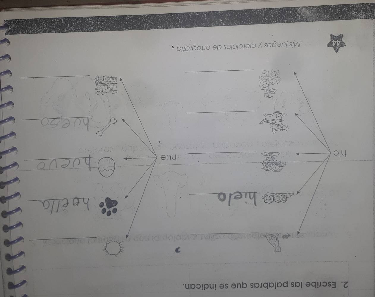 Escribe las palabras que se indican. 
_ 
_ 
_ 
_ 
hie 
_hue 
_ 
_ 
_ 
_ 
_ 
Mis juegos y ejercicios de ortografía