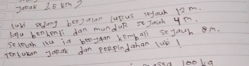 JaRak 2. 5 Km? 
luki sedang berJalan (uRus seyauh 12m. 
lalu berhents dan munduR seJauh ym. 
setelah Hu ia berygan kembali sejauh m. 
Tentukan JaRak dan peRpindahan luki 
Assa loo1a