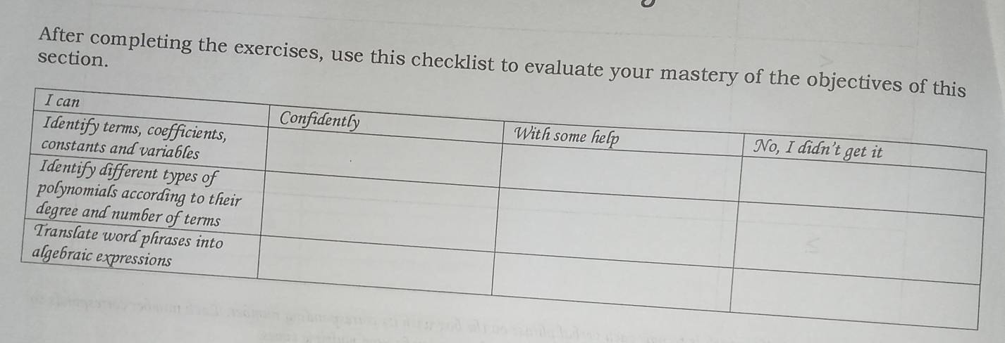 section. 
After completing the exercises, use this checklist to evaluate your mastery of the o