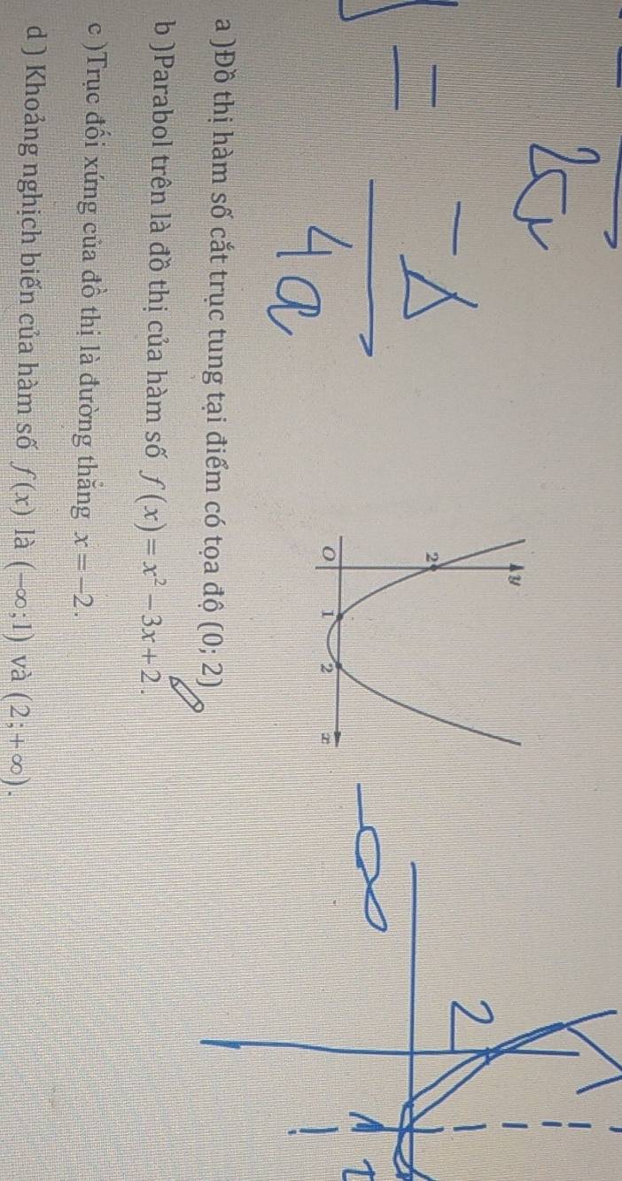 a )Đồ thị hàm số cắt trục tung tại điểm có tọa độ (0;2)
b )Parabol trên là đồ thị của hàm số f(x)=x^2-3x+2. 
c )Trục đối xứng của đồ thị là đường thắng x=-2. 
d ) Khoảng nghịch biến của hàm số f(x) là (-∈fty ;1) và (2;+∈fty ).