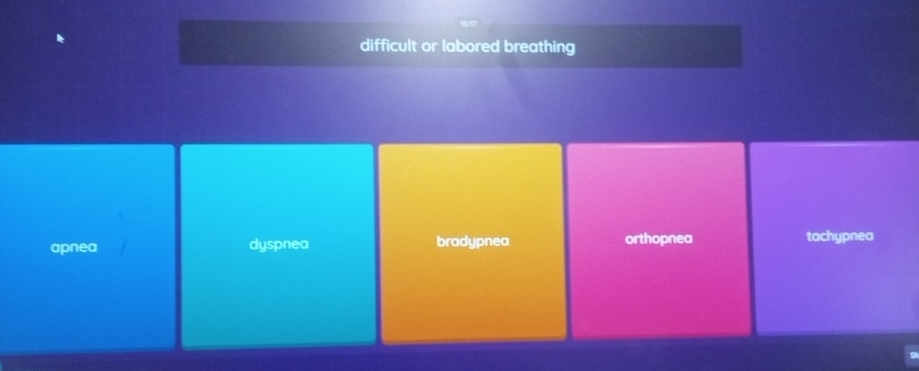 difficult or labored breathing
apnea dyspnea bradypnea orthopnea tachypnea