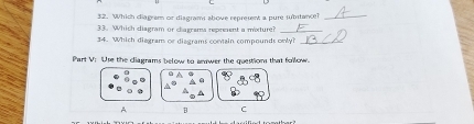 Which ciagram or diagrams above represent a pure substance?_ 
33. Which diagram or clagrams represent a mixture? 
34. Which diegram or diagrams coevain compounds only?_ 
Part V. Use the ciagrams below to aawer the question that follow. 

^ 
A B C