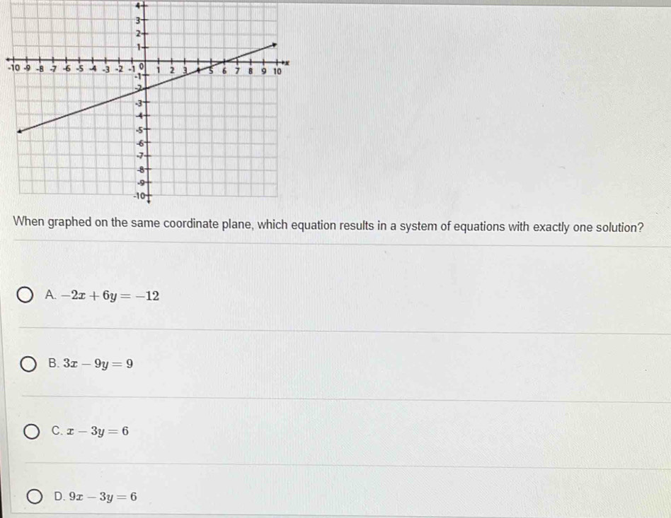 4
1
on results in a system of equations with exactly one solution?
A. -2x+6y=-12
B. 3x-9y=9
C. x-3y=6
D. 9x-3y=6