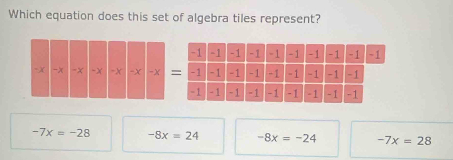 Which equation does this set of algebra tiles represent?
-7x=-28
-8x=24
-8x=-24
-7x=28