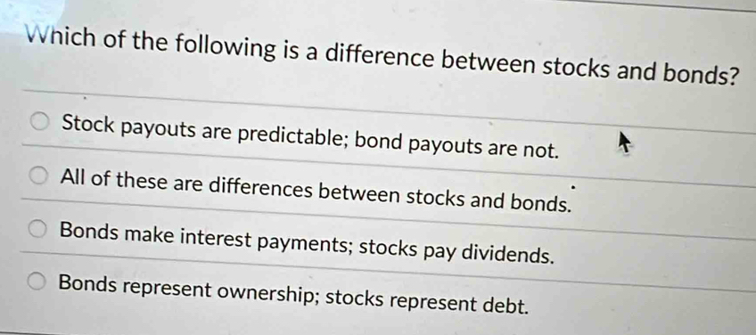 Which of the following is a difference between stocks and bonds?
Stock payouts are predictable; bond payouts are not.
All of these are differences between stocks and bonds.
Bonds make interest payments; stocks pay dividends.
Bonds represent ownership; stocks represent debt.