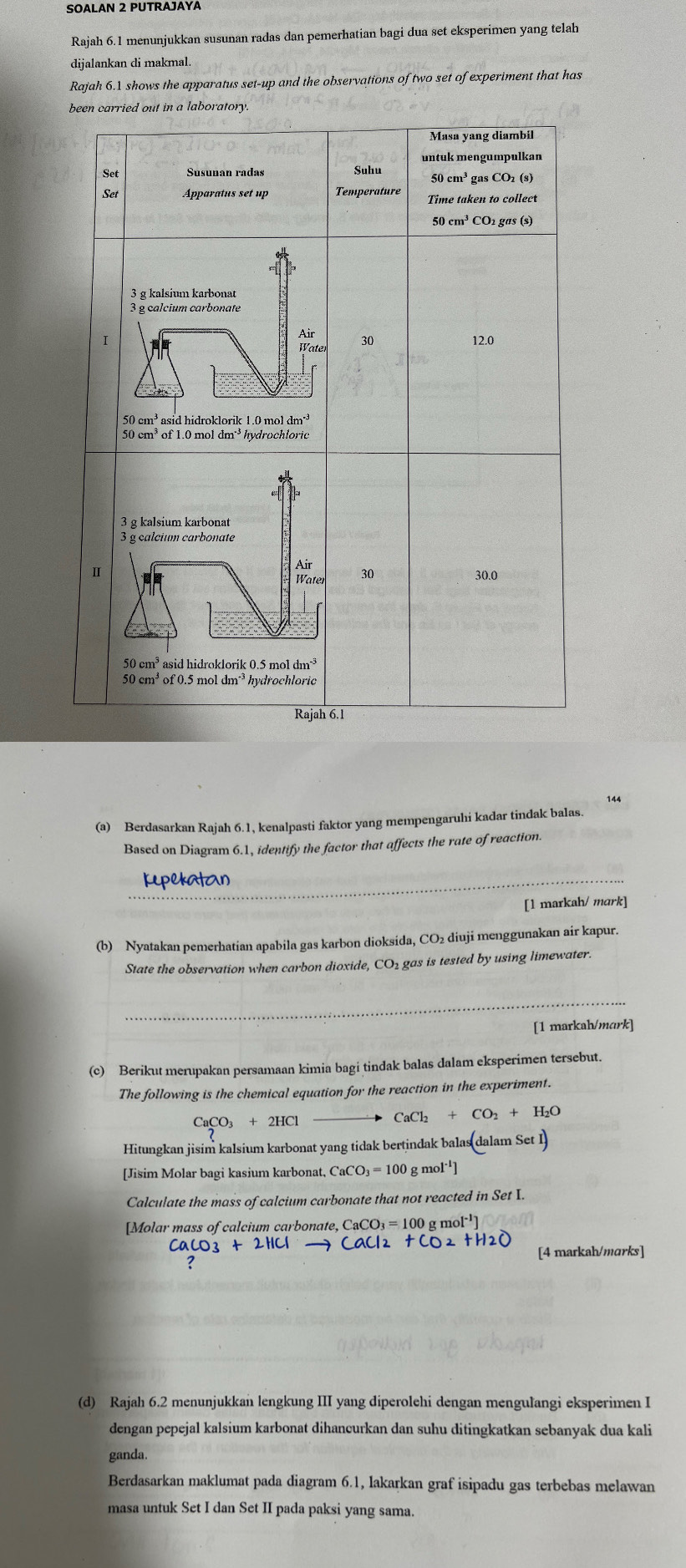 SOALAN 2 PUTRAJAYA
Rajah 6.1 menunjukkan susunan radas dan pemerhatian bagi dua set eksperimen yang telah
dijalankan di makmal.
Rajah 6.1 shows the apparatus set-up and the observations of two set of experiment that has
been carried out in a laboratory.
Masa yang diambil
untuk mengumpulkan
Set Susuñan radas Suhu 50 cm³ gas CO₁ (s)
Set Apparatus set up Time taken to collect
50 cm³ CO1 gas (s)
3 g kalsium karbonat
3 g calcium carbonate
Air 30
I Water 12.0
50 cm³ asid hidroklorik 1.0 mol 1m²
50 cm³ of 1.0 mol đm²³ hydrochloric
3 g kalsium karbonat
3 g calcium carbonate
Ⅱ
Wäter
30 30.0
50 cm^3 asid hidroklorik 0.5 mol dm^(-3)
50 cm³ of 0.5 mol dm^(-3) * hydrochloric
Rajah 6.1
144
(a) Berdasarkan Rajah 6.1, kenalpasti faktor yang mempengaruhi kadar tindak balas.
Based on Diagram 6.1, identify the factor that affects the rate of reaction.
_Repekatan
[1 markah/ mark]
(b) Nyatakan pemerhatian apabila gas karbon dioksida, CO₂ diuji menggunakan air kapur.
State the observation when carbon dioxide, CO1 gas is tested by using limewater.
_
[1 markah/mɑrk]
(c) Berikut merupakan persamaan kimia bagi tindak balas dalam eksperimen tersebut.
The following is the chemical equation for the reaction in the experiment.
CaCl_2+CO_2+H_2O
CaCO_3+2HC
Hitungkan jisim kalsium karbonat yang tidak bertindak balas dalam Set I
[Jisim Molar bagi kasium karbonat, CaCO_3=100gmol^(-1)]
Calculate the mass of calcium carbonate that not reacted in Set I.
[Molar mass of calcium carbonate, CC O_3=100gmol^(-1)
[4 markah/marks]
(d) Rajah 6.2 menunjukkan lengkung III yang diperolehi dengan mengulangi eksperimen I
dengan pepejal kalsium karbonat dihancurkan dan suhu ditingkatkan sebanyak dua kali
ganda.
Berdasarkan maklumat pada diagram 6.1, lakarkan graf isipadu gas terbebas melawan
masa untuk Set I dan Set II pada paksi yang sama.