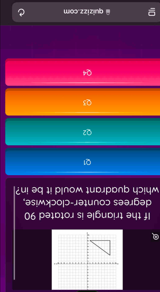 If the triangle is rotated 90
degrees counter-clockwise,
which quadrant would it be in?
21
2
5
) 4
quizizz.com