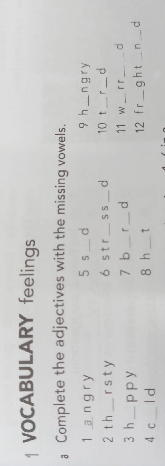 VOCABULARY feelings 
a Complete the adjectives with the missing vowels.
5 s d 9 h 
1 . angry __n g r y 
2 t h _r s t y 
6 s t r _s s _d 10 1t_ r _d 
11 
3 h p p y 
7 b _r _d W _r r_ d 
4 c __l d _12 f r_ g h t_ n _d 
8 h t